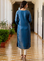 Vellora Shimmer Silk Teal Casual Wear Embroidery Work Readymade Kurti - Distacart