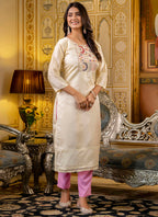 Vellora Shimmer Silk Cream Casual Wear Embroidery Work Readymade Kurti - Distacart