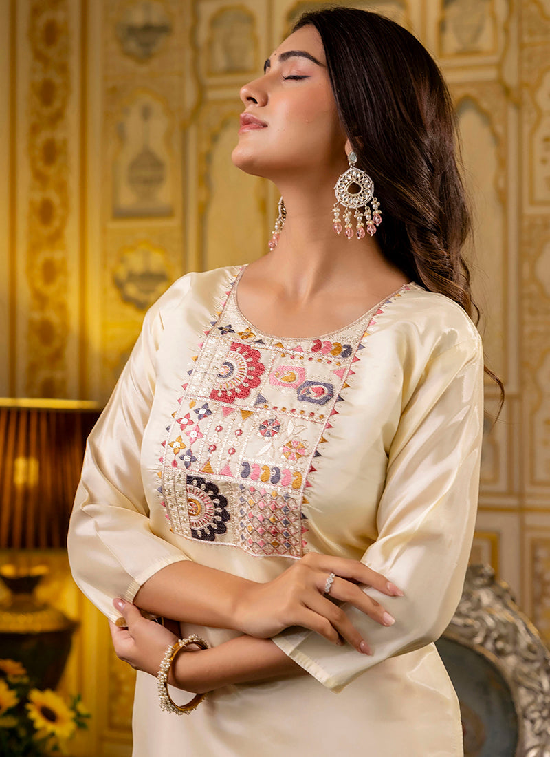 Vellora Shimmer Silk Cream Casual Wear Embroidery Work Readymade Kurti - Distacart
