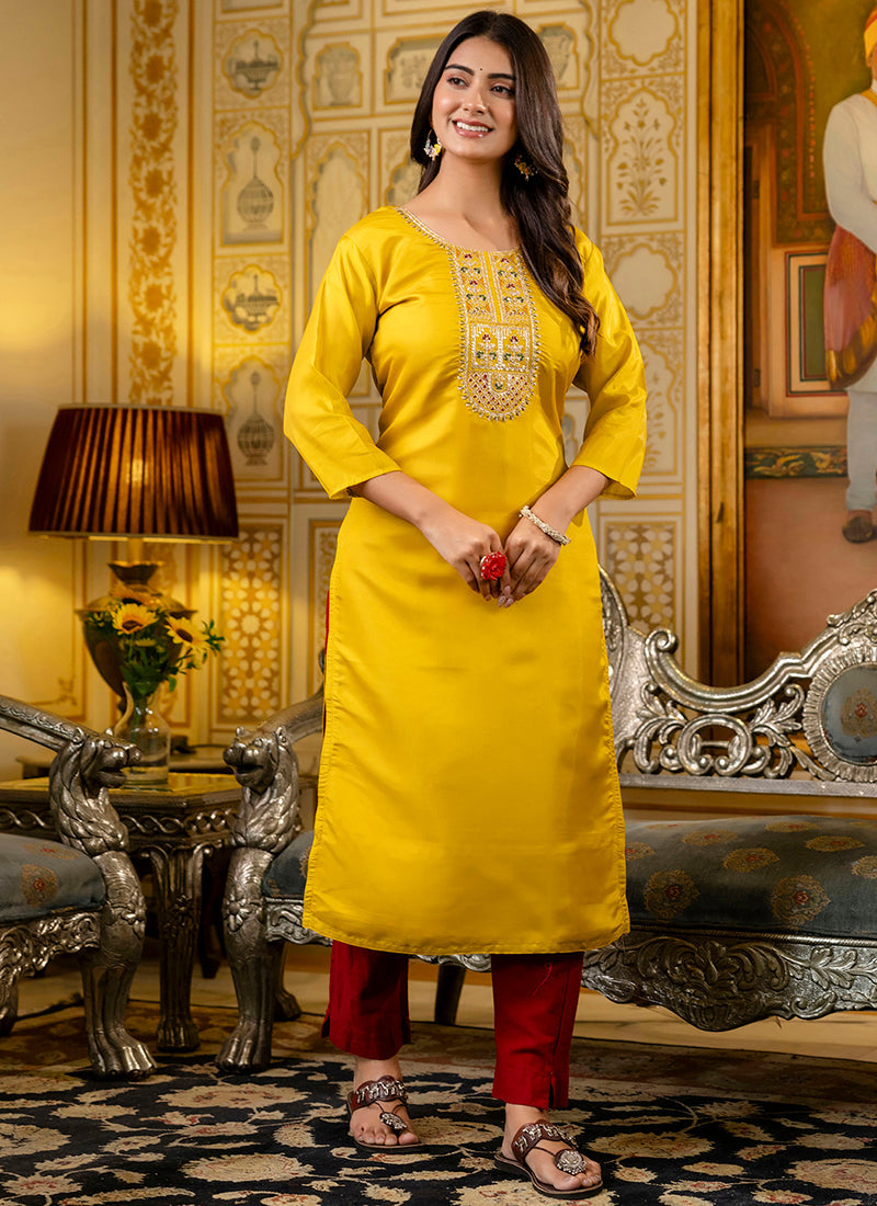 Vellora Shimmer Silk Mustard Casual Wear Embroidery Work Readymade Kurti - Distacart
