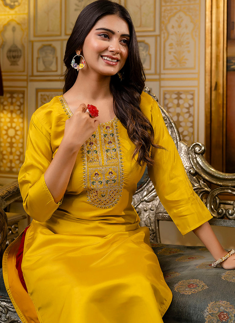 Vellora Shimmer Silk Mustard Casual Wear Embroidery Work Readymade Kurti - Distacart