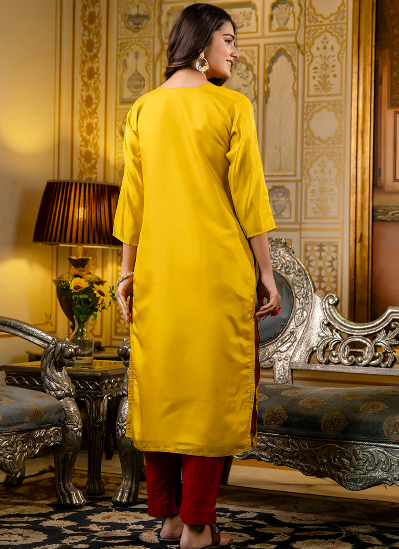 Vellora Shimmer Silk Mustard Casual Wear Embroidery Work Readymade Kurti - Distacart