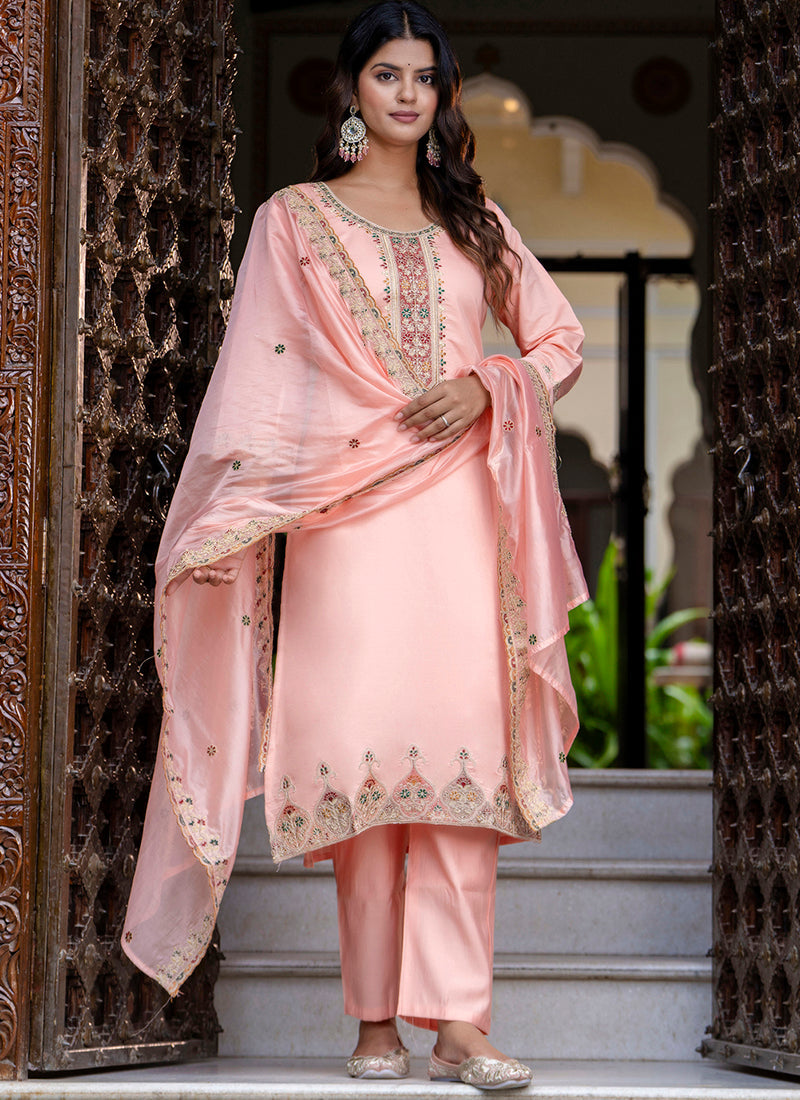 Vellora Silk Blend Peach Occasional Wear Embroidery Work Readymade Salwar Suit - Distacart