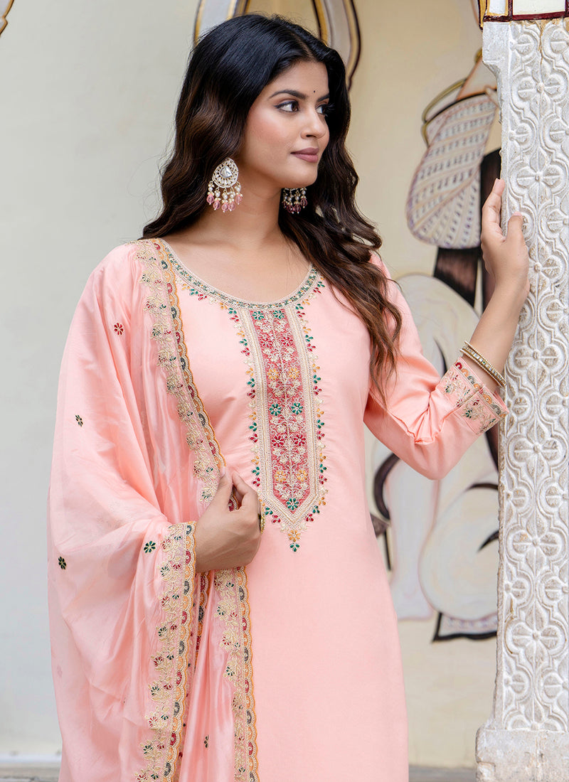 Vellora Silk Blend Peach Occasional Wear Embroidery Work Readymade Salwar Suit - Distacart