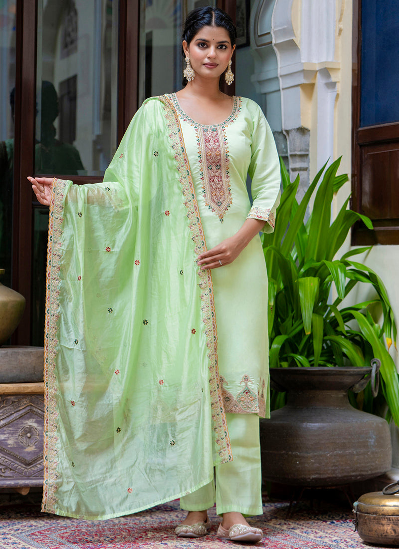 Vellora Silk Blend Light Green Occasional Wear Embroidery Work Readymade Salwar Suit - Distacart