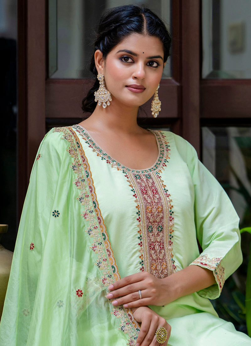 Vellora Silk Blend Light Green Occasional Wear Embroidery Work Readymade Salwar Suit - Distacart