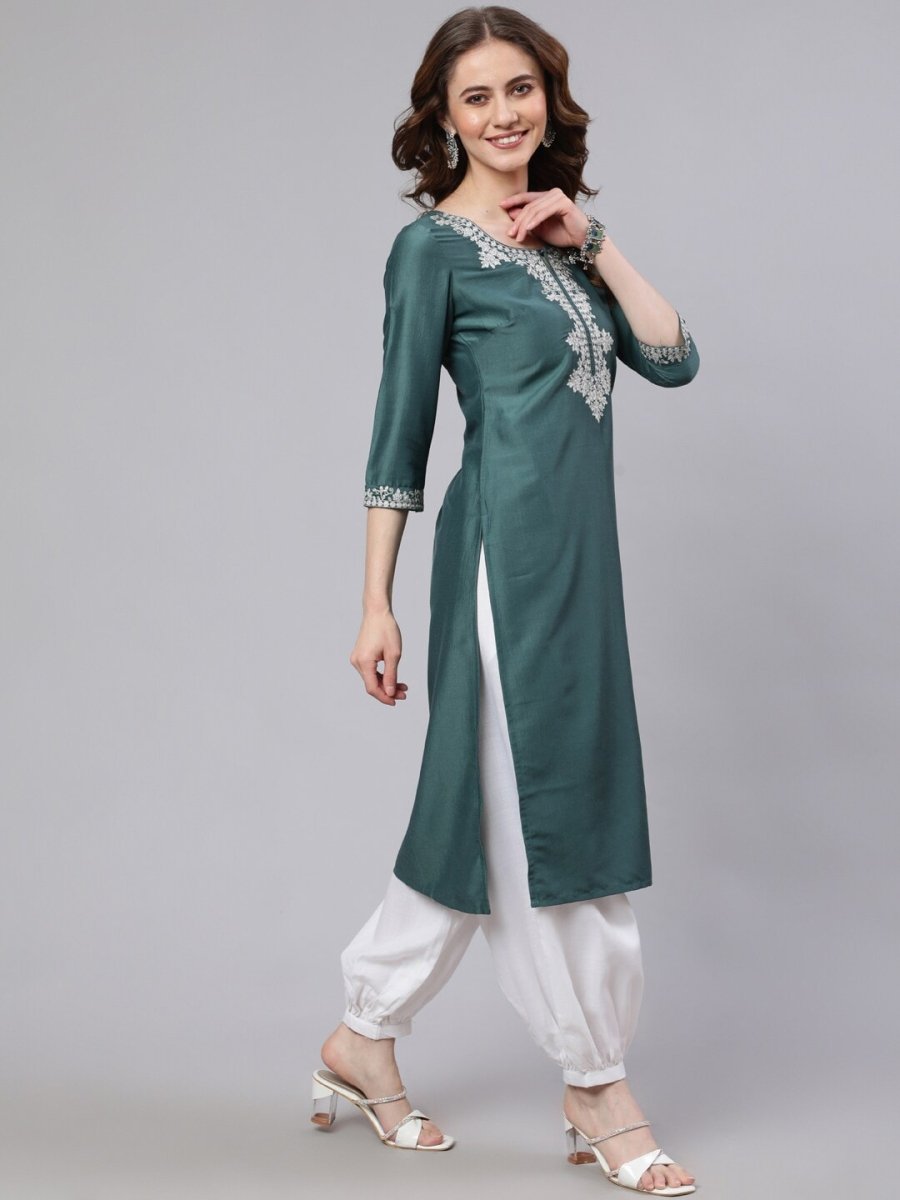 Aks Floral Yoke Design Thread Work Silk Kurta