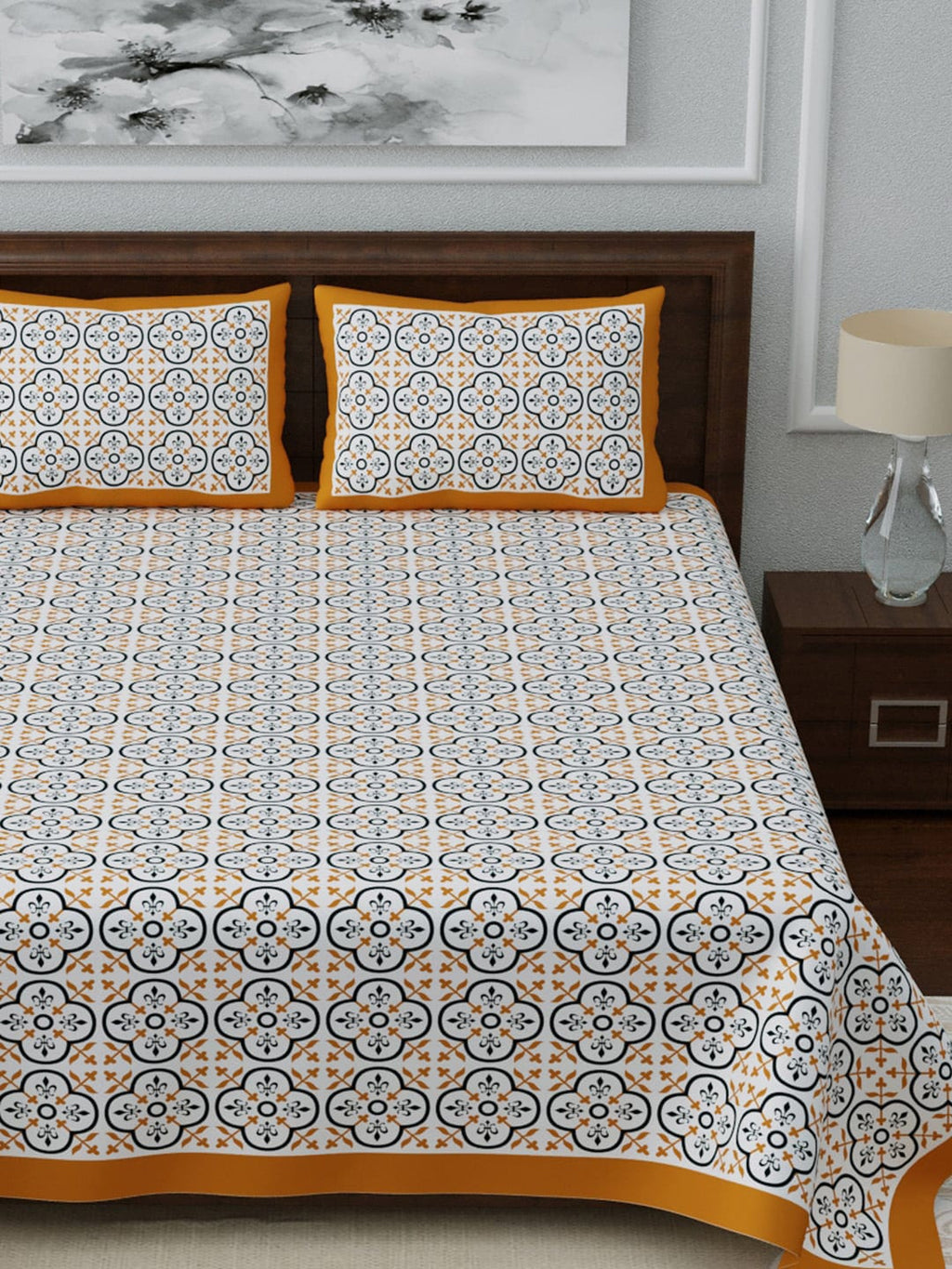 LIVING ROOTS White & Blue Ethnic Motifs Jaipuri 210 TC Cotton Double King Bedsheets With 2 Pillow Covers