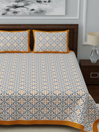 LIVING ROOTS White & Blue Ethnic Motifs Jaipuri 210 TC Cotton Double King Bedsheets With 2 Pillow Covers
