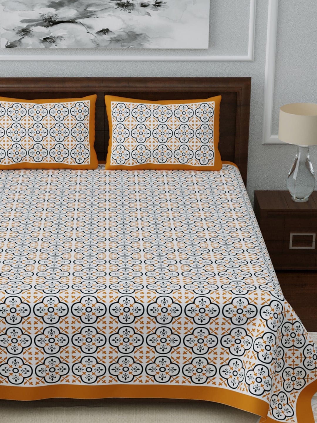 LIVING ROOTS White & Blue Ethnic Motifs Jaipuri 210 TC Cotton Double King Bedsheets With 2 Pillow Covers
