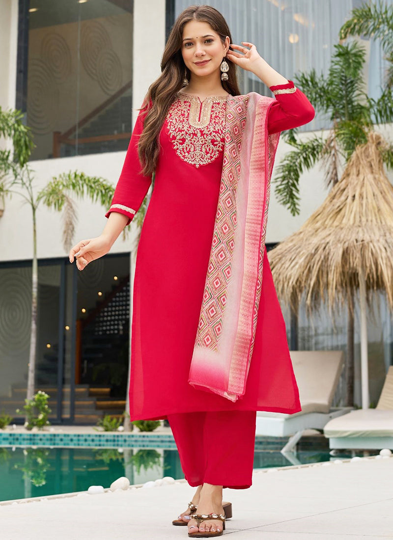 Vellora Rayon Slub Red Casual Wear Embroidery Work Readymade Salwar Suit - Distacart