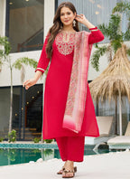 Vellora Rayon Slub Red Casual Wear Embroidery Work Readymade Salwar Suit - Distacart