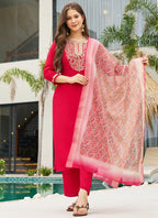 Vellora Rayon Slub Red Casual Wear Embroidery Work Readymade Salwar Suit - Distacart