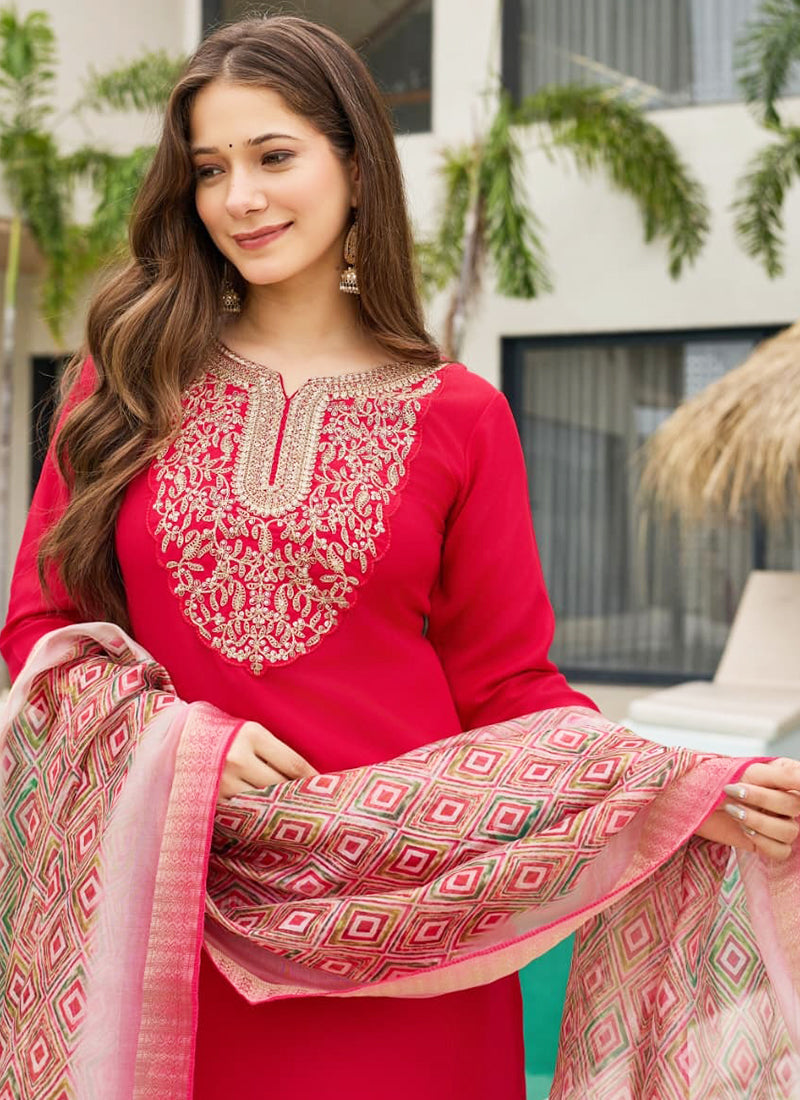 Vellora Rayon Slub Red Casual Wear Embroidery Work Readymade Salwar Suit - Distacart