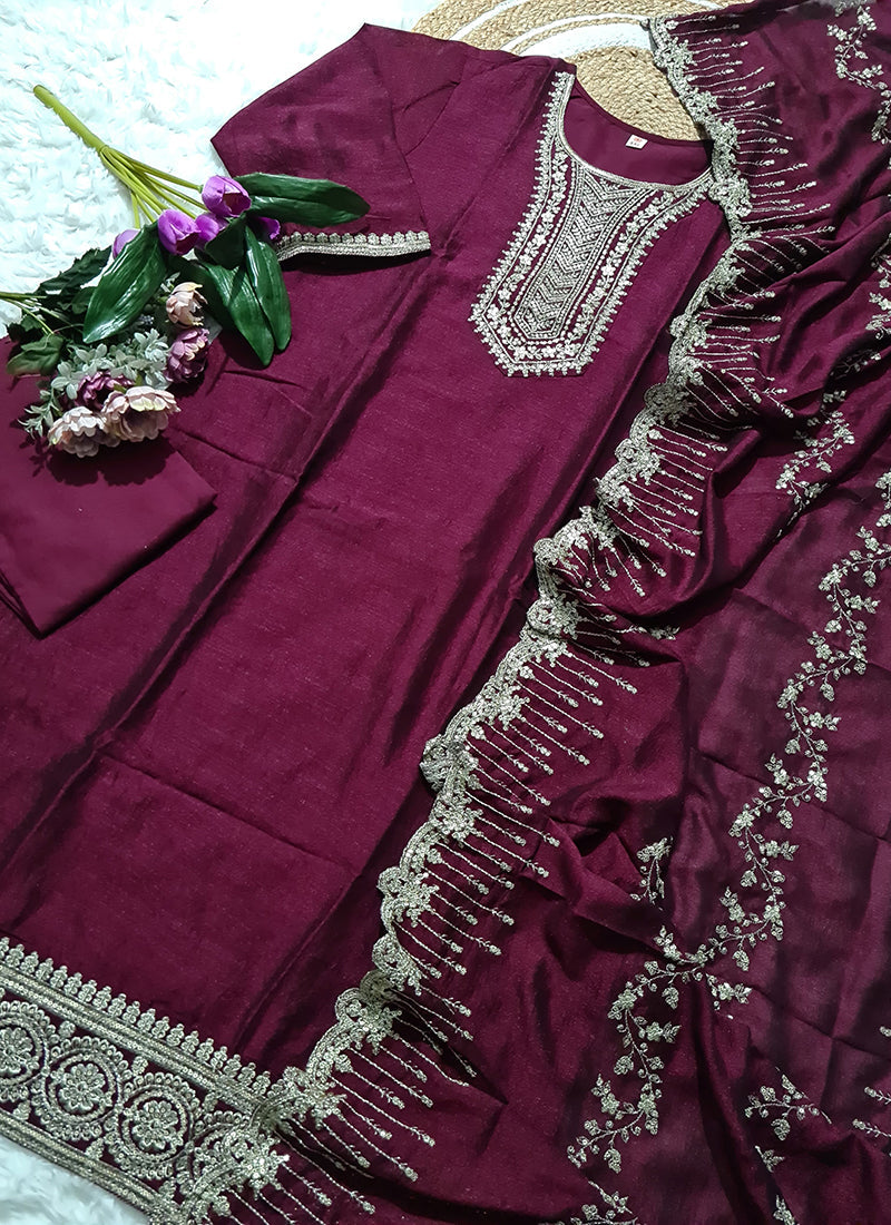 Vellora Vichitra Silk Deep Maroon Casual Wear Embroidery Work Readymade Salwar Suit - Distacart