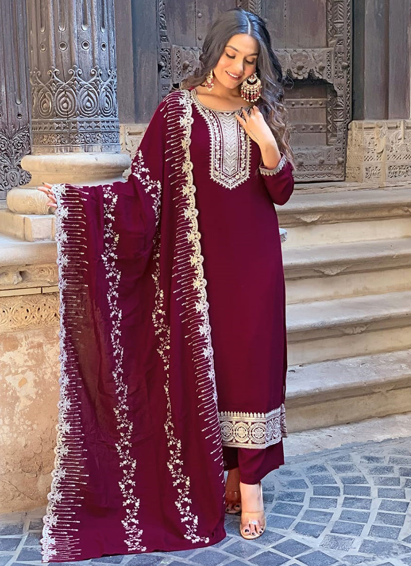 Vellora Vichitra Silk Deep Maroon Casual Wear Embroidery Work Readymade Salwar Suit - Distacart