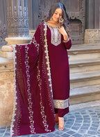 Vellora Vichitra Silk Deep Maroon Casual Wear Embroidery Work Readymade Salwar Suit - Distacart
