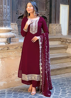 Vellora Vichitra Silk Deep Maroon Casual Wear Embroidery Work Readymade Salwar Suit - Distacart