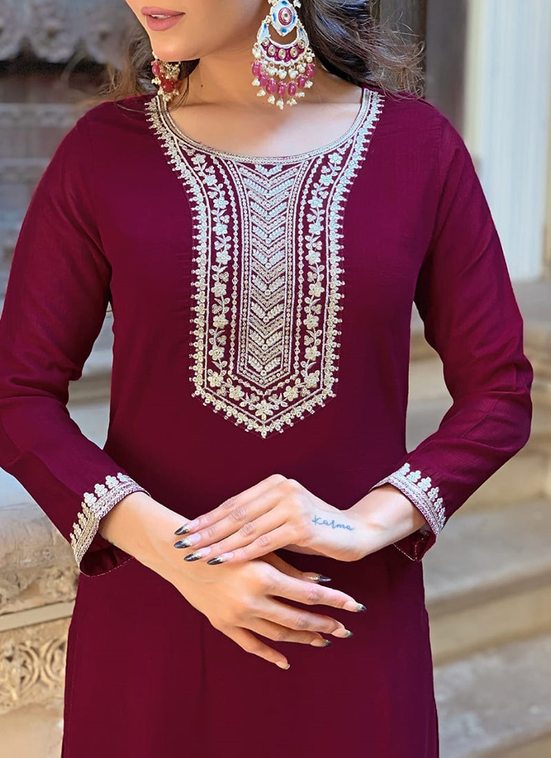 Vellora Vichitra Silk Deep Maroon Casual Wear Embroidery Work Readymade Salwar Suit - Distacart