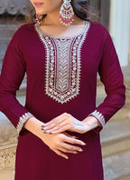 Vellora Vichitra Silk Deep Maroon Casual Wear Embroidery Work Readymade Salwar Suit - Distacart