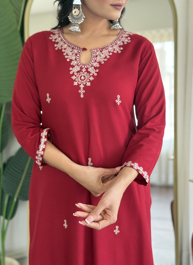 Vellora Viscose Rayon Maroon Casual Wear Embroidery Work Readymade Salwar Suit - Distacart