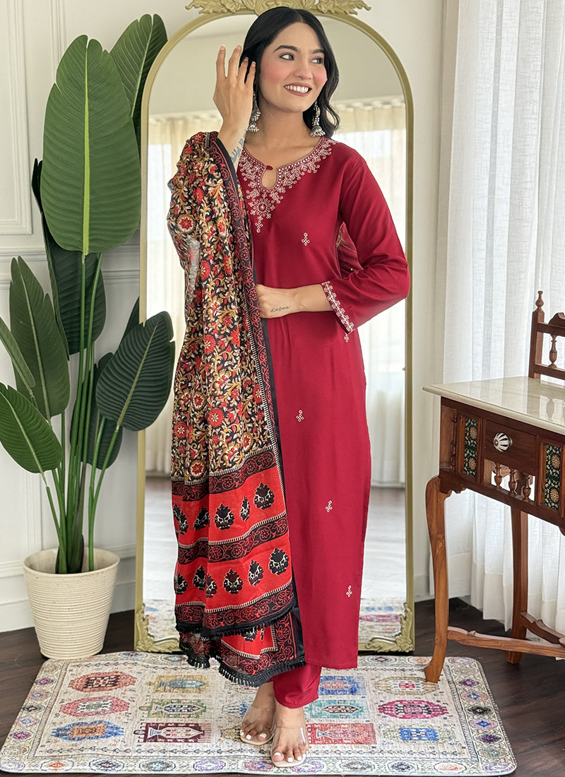 Vellora Viscose Rayon Maroon Casual Wear Embroidery Work Readymade Salwar Suit - Distacart