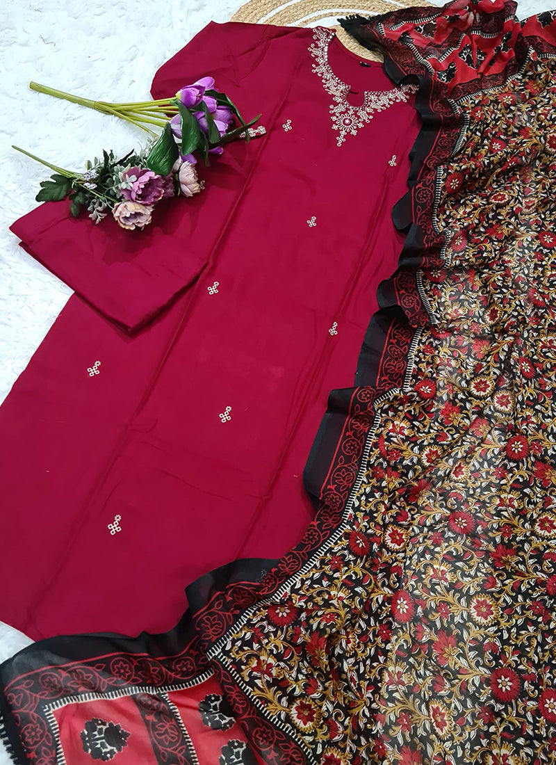 Vellora Viscose Rayon Maroon Casual Wear Embroidery Work Readymade Salwar Suit - Distacart
