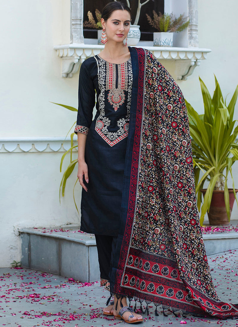 Vellora Silk Blend Black Ocassional Wear Embroidery Work Readymade Salwar Suit - Distacart