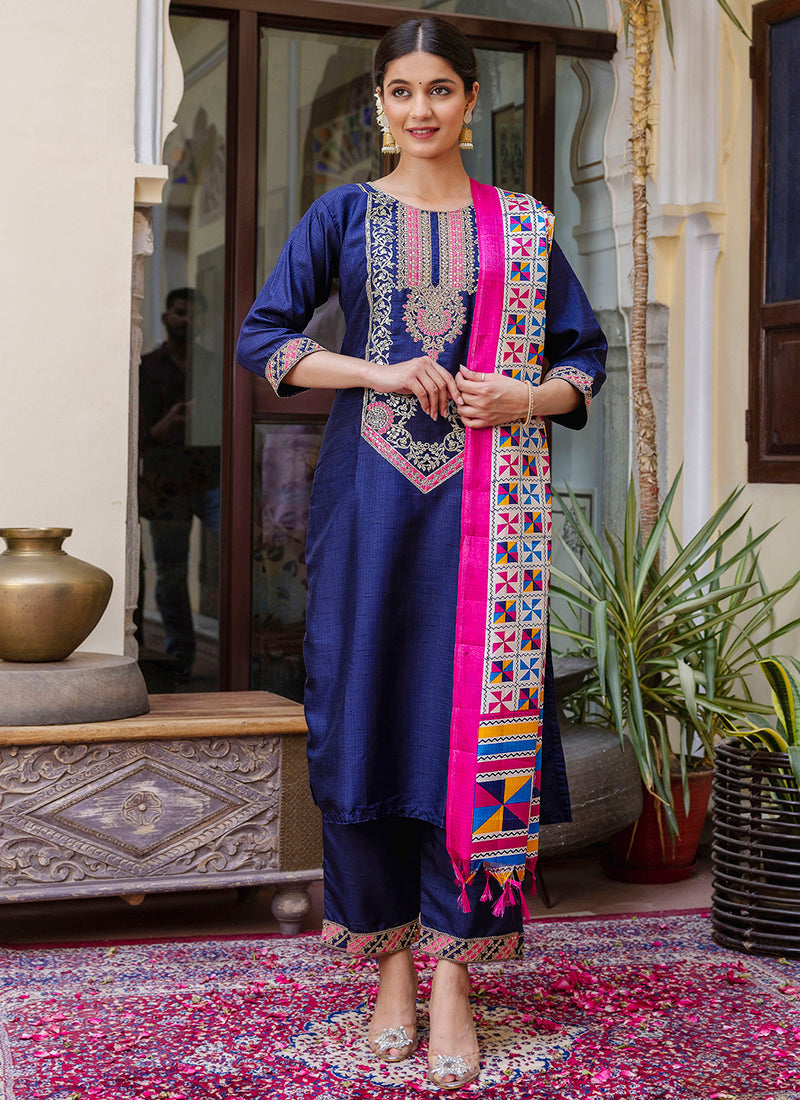 Vellora Silk Blend Royal Blue Ocassional Wear Embroidery Work Readymade Salwar Suit - Distacart