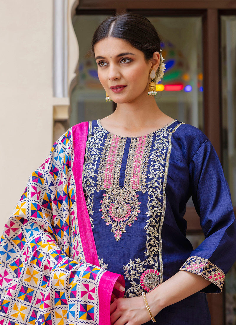 Vellora Silk Blend Royal Blue Ocassional Wear Embroidery Work Readymade Salwar Suit - Distacart