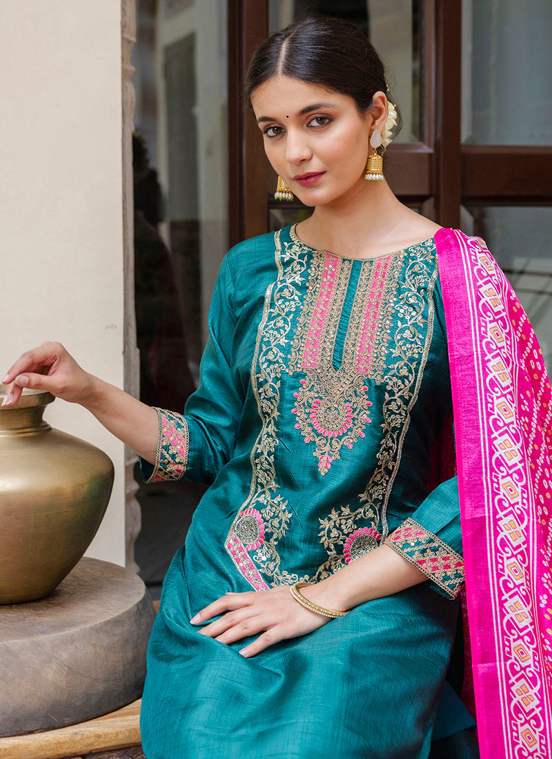 Vellora Silk Blend Rama Ocassional Wear Embroidery Work Readymade Salwar Suit - Distacart