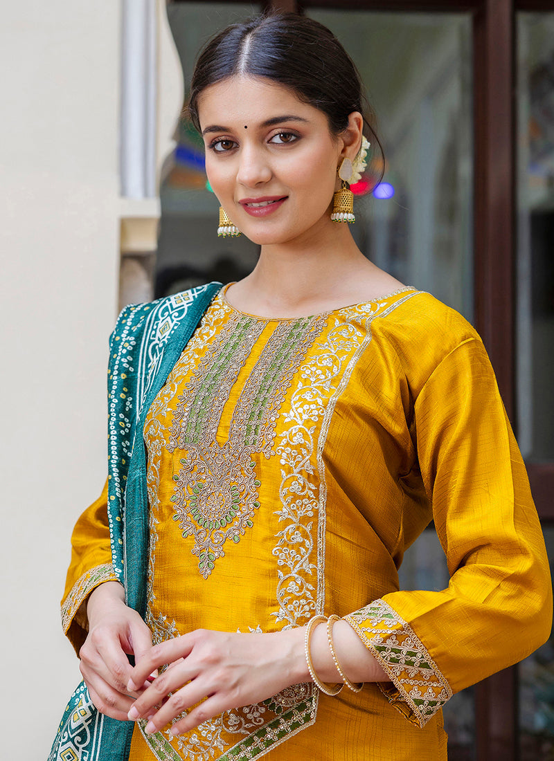 Vellora Silk Blend Mustard Ocassional Wear Embroidery Work Readymade Salwar Suit - Distacart