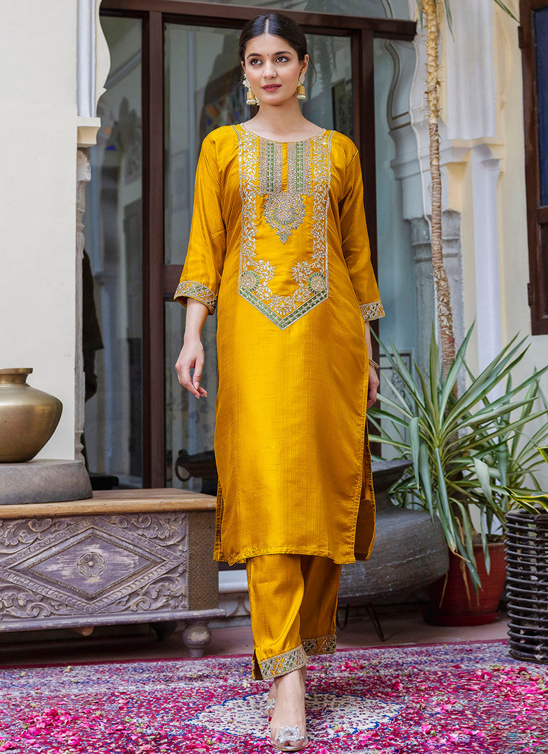 Vellora Silk Blend Mustard Ocassional Wear Embroidery Work Readymade Salwar Suit - Distacart