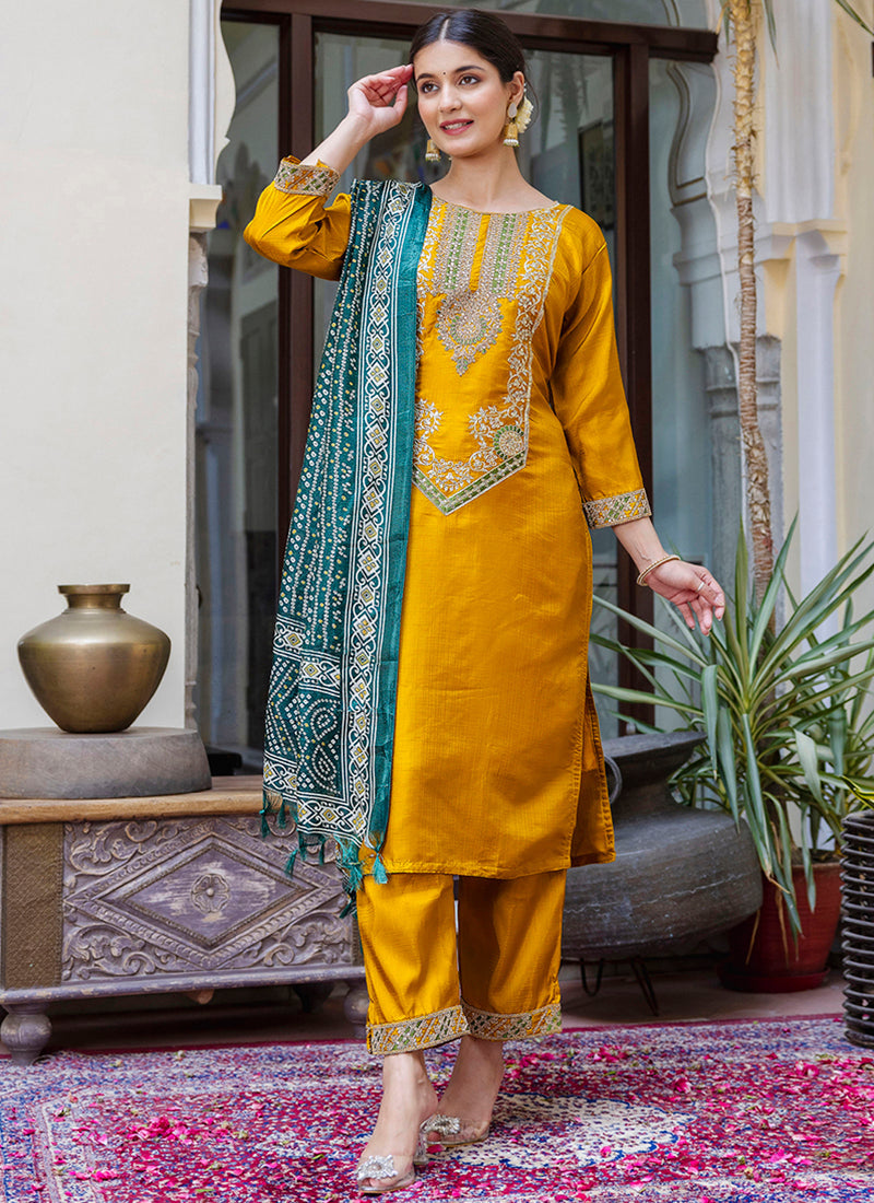 Vellora Silk Blend Mustard Ocassional Wear Embroidery Work Readymade Salwar Suit - Distacart