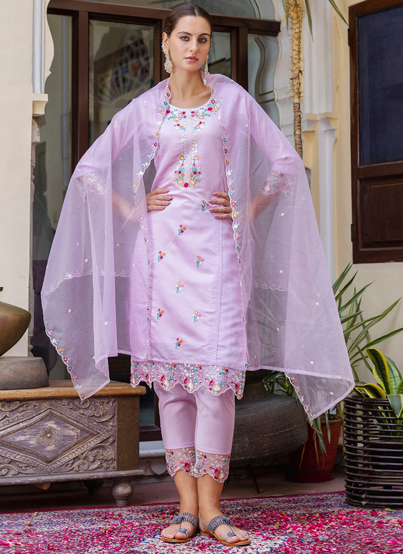 Vellora Viscose Roman Silk Light Lilac Casual Wear Embroidery Work Readymade Salwar Suit - Distacart
