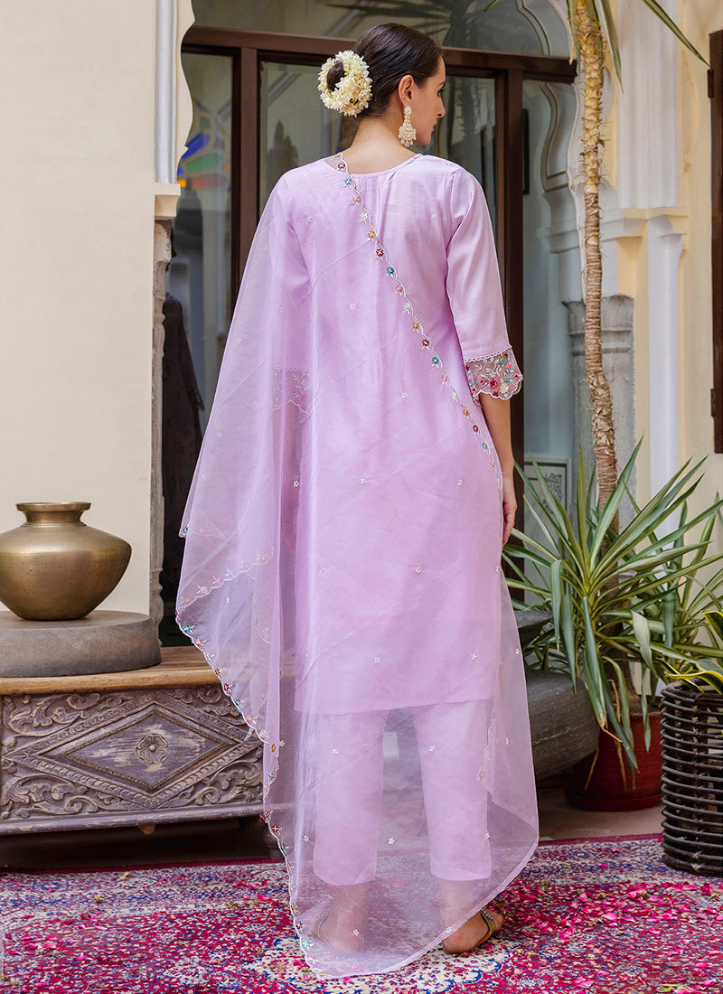 Vellora Viscose Roman Silk Light Lilac Casual Wear Embroidery Work Readymade Salwar Suit - Distacart