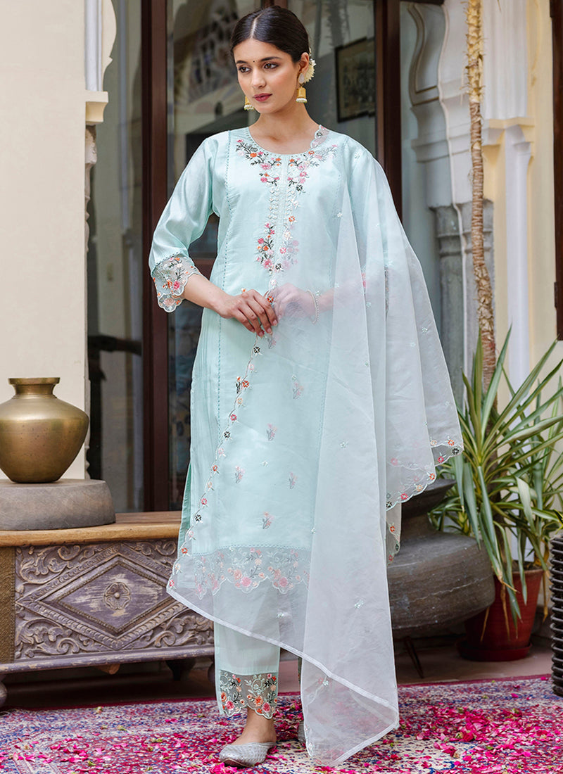 Vellora Viscose Roman Silk Sea Green Casual Wear Embroidery Work Readymade Salwar Suit - Distacart