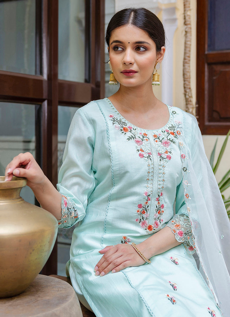 Vellora Viscose Roman Silk Sea Green Casual Wear Embroidery Work Readymade Salwar Suit - Distacart