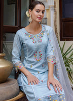 Vellora Viscose Roman Silk Powder Blue Casual Wear Embroidery Work Readymade Salwar Suit - Distacart
