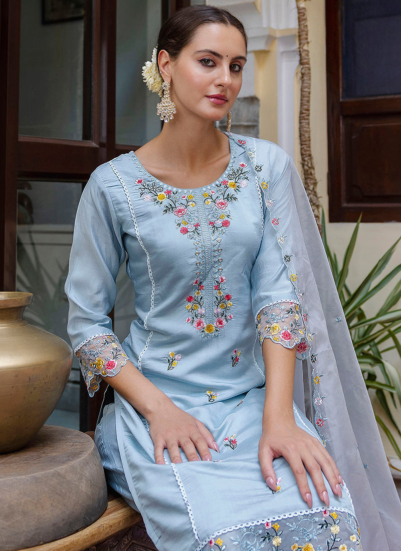 Vellora Viscose Roman Silk Powder Blue Casual Wear Embroidery Work Readymade Salwar Suit - Distacart