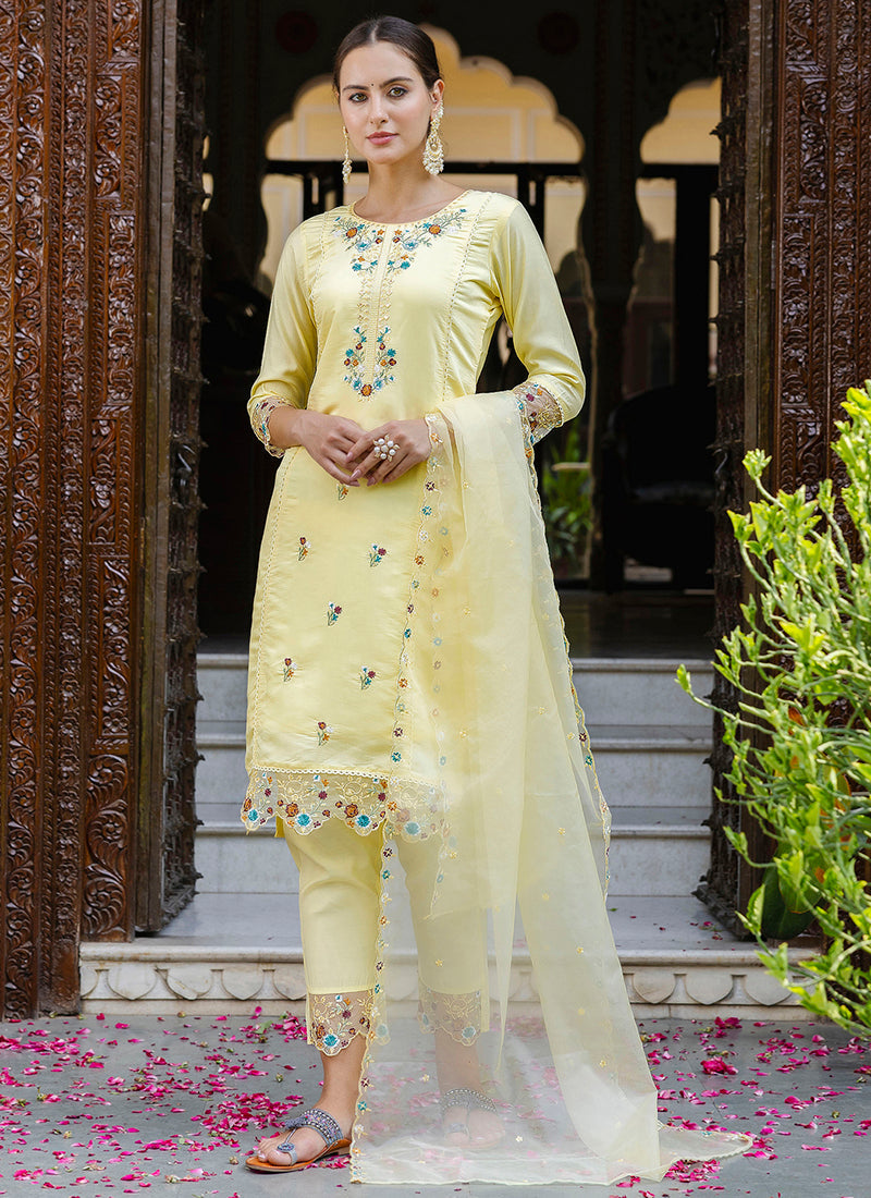 Vellora Viscose Roman Silk Yellow Casual Wear Embroidery Work Readymade Salwar Suit - Distacart