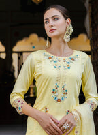 Vellora Viscose Roman Silk Yellow Casual Wear Embroidery Work Readymade Salwar Suit - Distacart