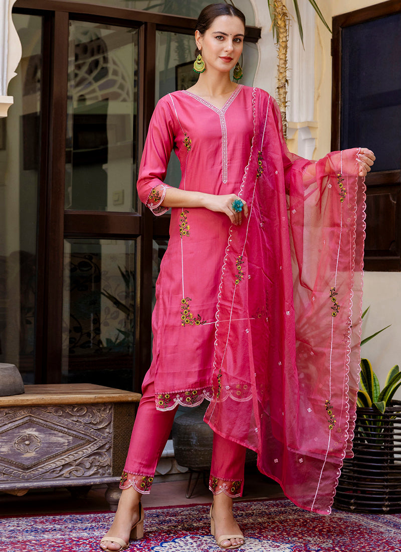 Vellora Viscose Roman Silk Pink Casual Wear Embroidery Work Readymade Salwar Suit - Distacart