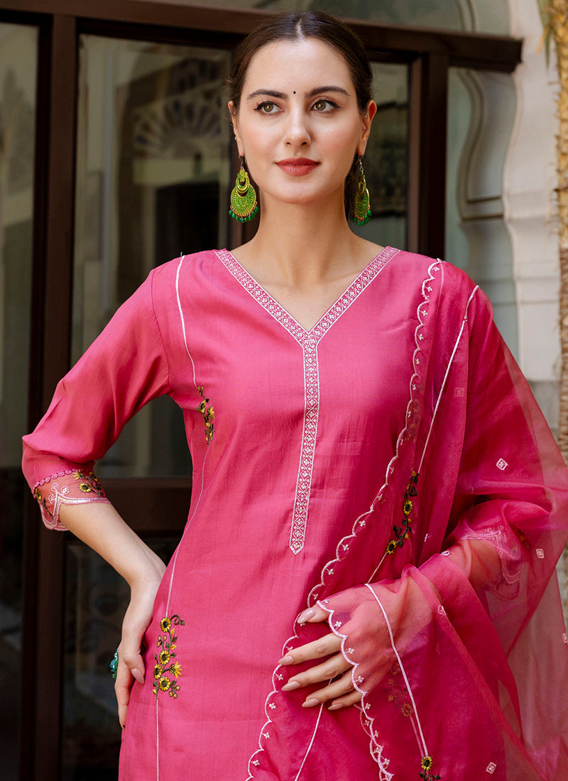 Vellora Viscose Roman Silk Pink Casual Wear Embroidery Work Readymade Salwar Suit - Distacart