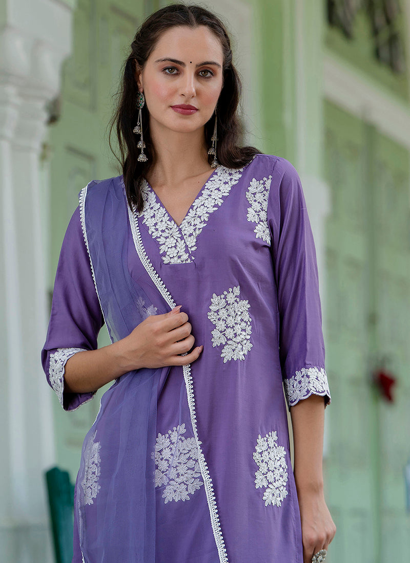 Vellora Silk Blend Lavender Casual Wear Embroidery Work Readymade Salwar Suit - Distacart