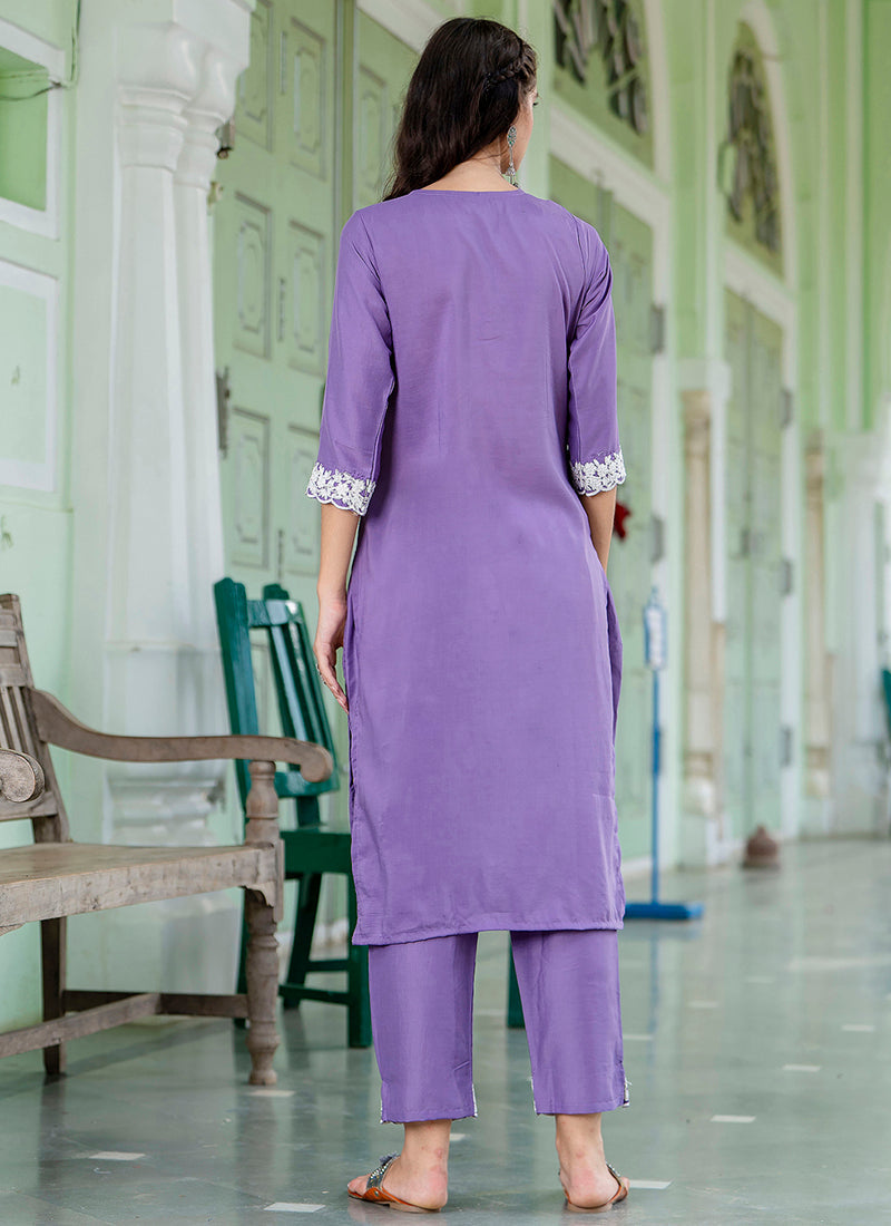 Vellora Silk Blend Lavender Casual Wear Embroidery Work Readymade Salwar Suit - Distacart