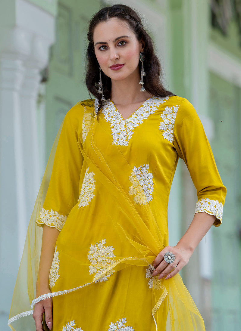 Vellora Silk Blend Mustard Yellow Casual Wear Embroidery Work Readymade Salwar Suit - Distacart