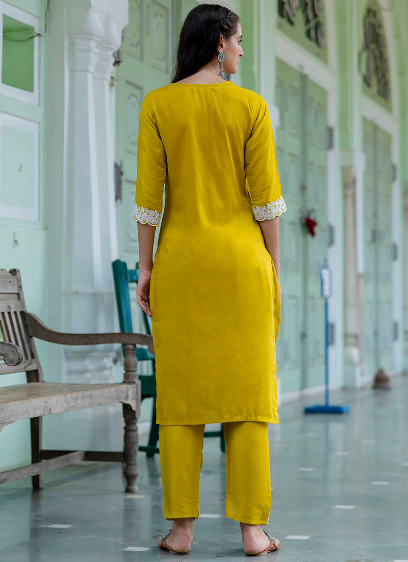Vellora Silk Blend Mustard Yellow Casual Wear Embroidery Work Readymade Salwar Suit - Distacart
