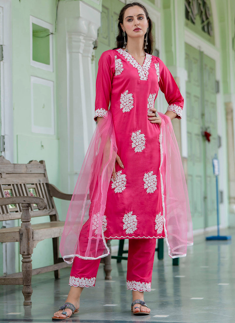 Vellora Silk Blend Hot Pink Casual Wear Embroidery Work Readymade Salwar Suit - Distacart