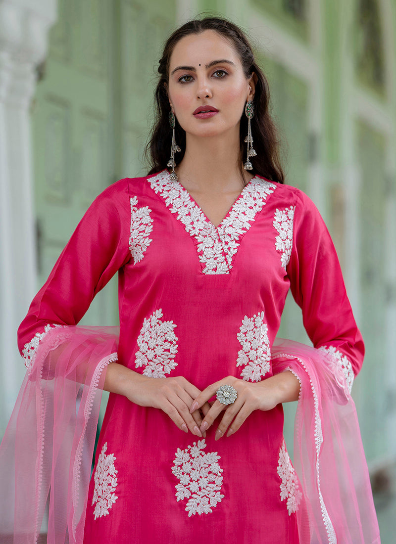 Vellora Silk Blend Hot Pink Casual Wear Embroidery Work Readymade Salwar Suit - Distacart